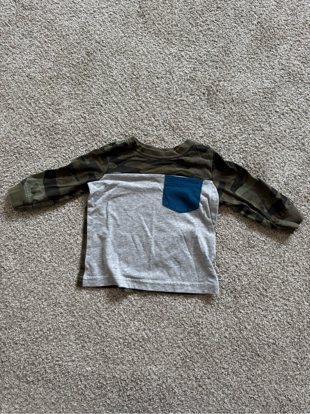 Carter's Baby Boy long sleeved gray Tee with Camo Sleeves and Blue Pocket
